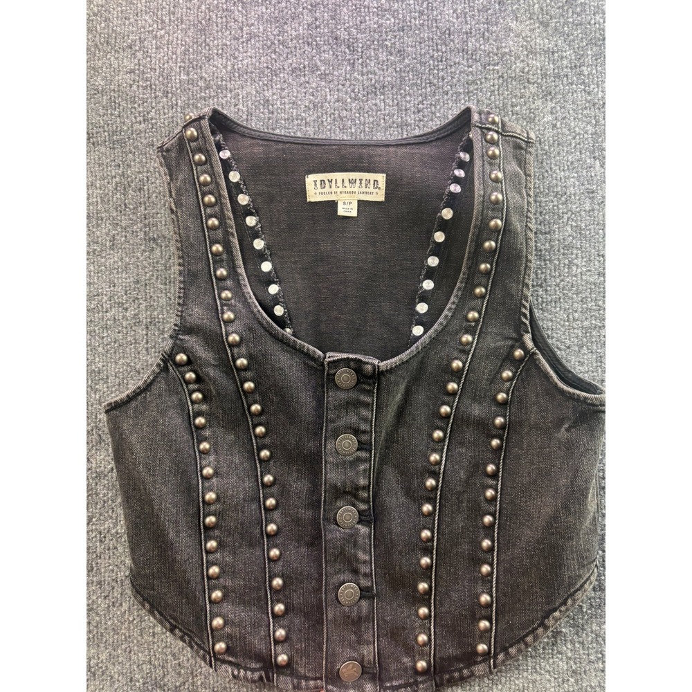 Idyllwind Denim Vest Womens Small Black Studded Cropped Western Boho Vest